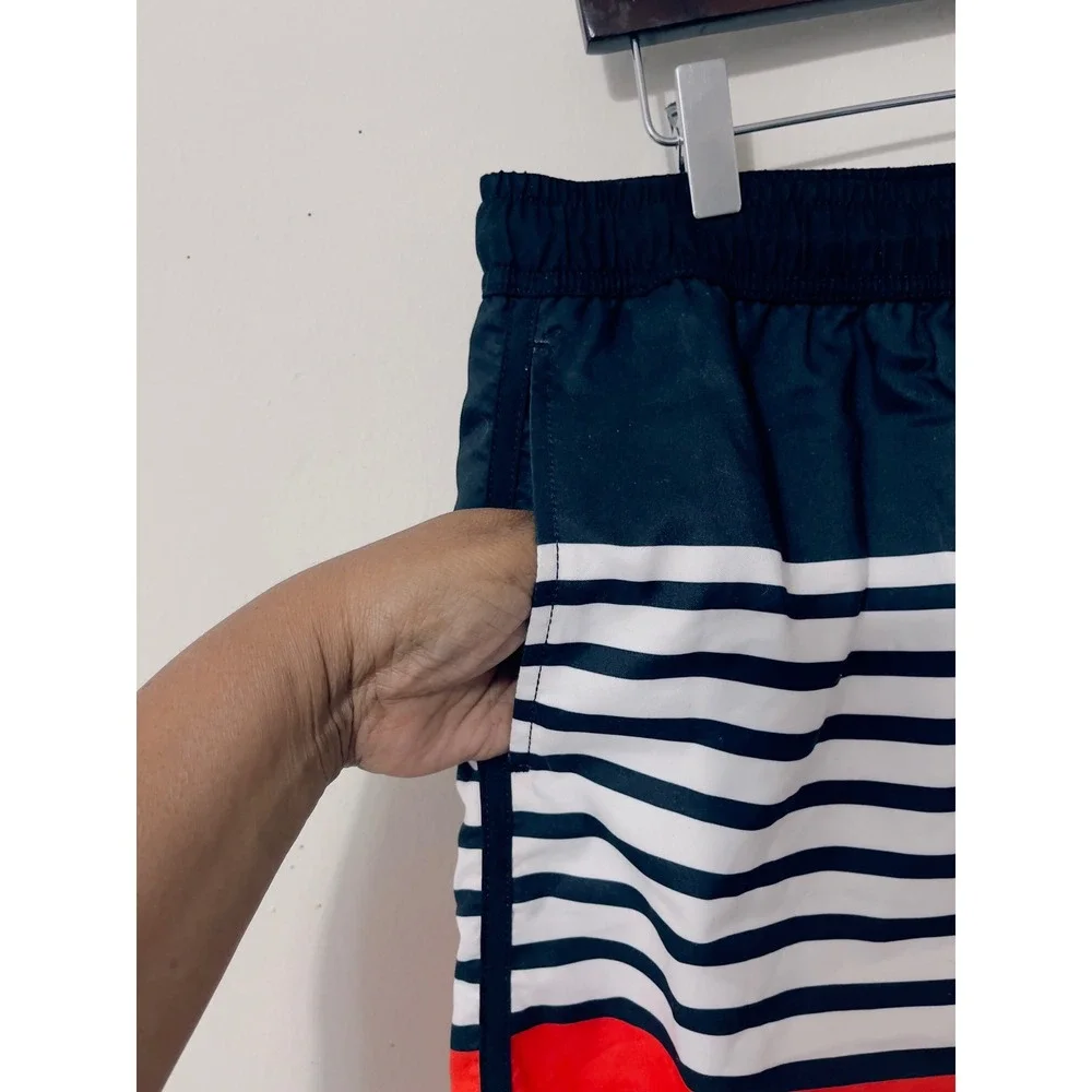 Spicy Tuna‎ Mens Swim Trunks Medium Navy Blue White Red Striped Board Shorts